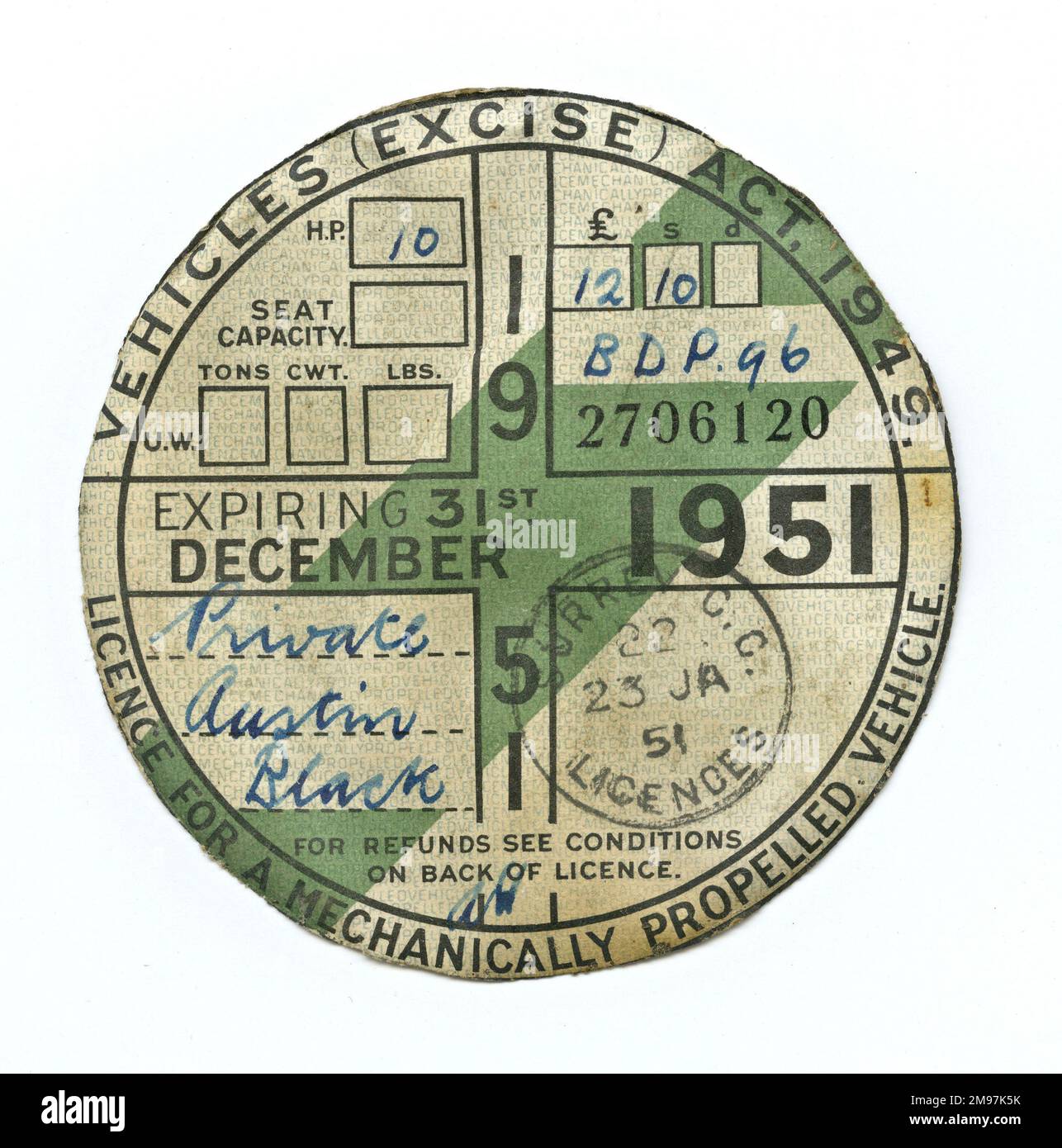 Licence for a mechanically propelled vehicle, otherwise known as a road tax disc, issued by
