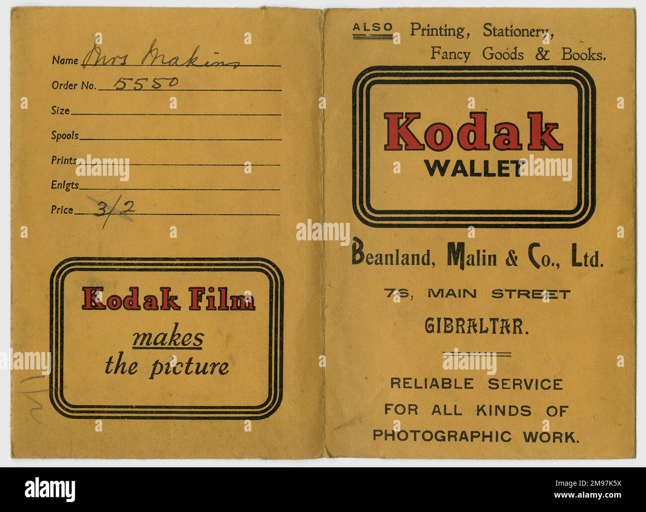 Photographic film wallet, advertising Kodak Film, with the developer's name and address, Beanland, Malin & Co Ltd, 76 Main Street, Gibraltar. The customer's name is Mrs Makins, and the cost of developing is three shillings and twopence. Stock Photo