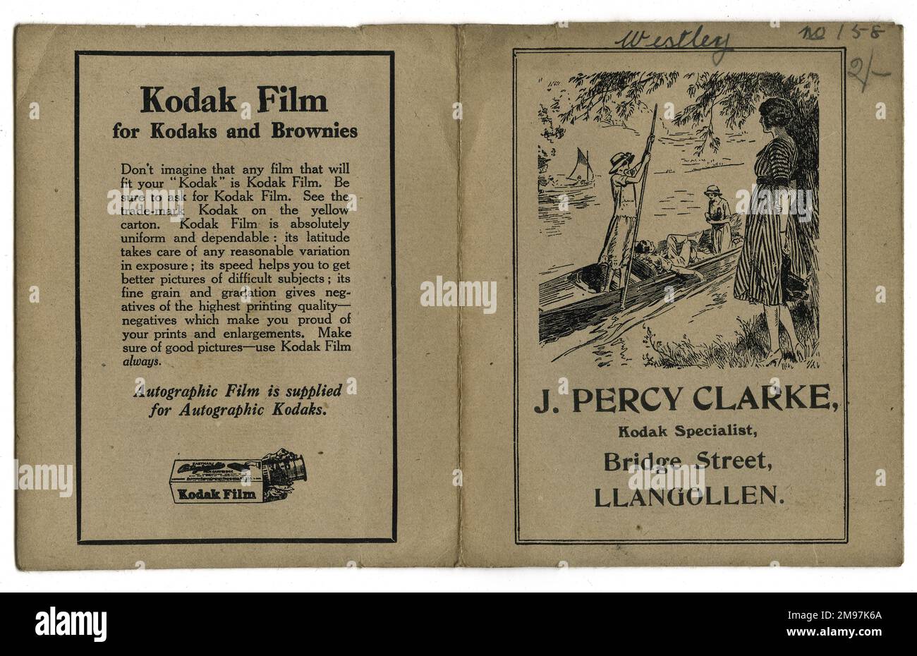 Photographic film wallet advertising Kodak Film, with the developer's name and address: J Percy Clarke, Bridge Street, Llangollen, Wales.  The customer's name is Westley, and the cost of developing two shillings. Stock Photo
