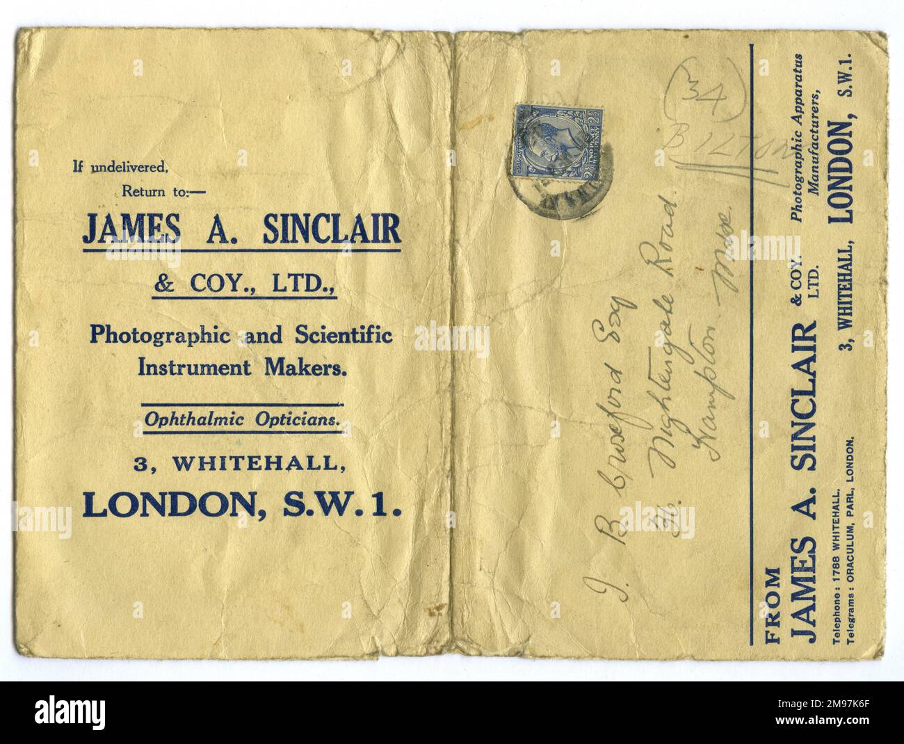 Photographic film wallet from James A Sinclair, Whitehall, London. Sent by post, it is stamped and addressed to the customer, J B Croxford of Nightingale Road, Hampton, Middlesex. Stock Photo
