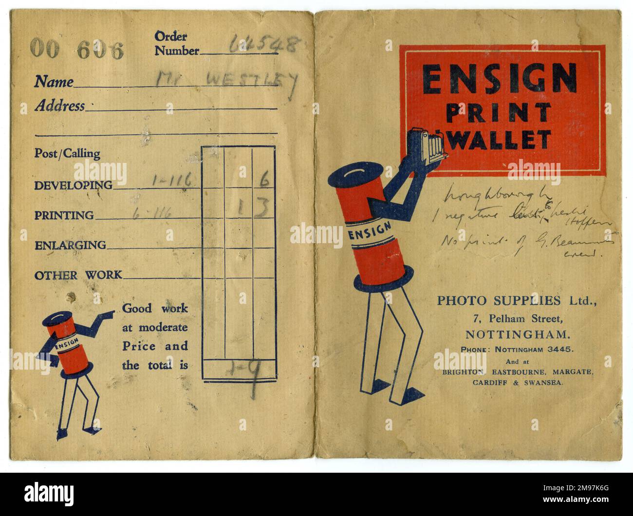 Photographic film wallet advertising Ensign Film, with the developer's name and address: Photo Supplies Ltd, Pelham Street, Nottingham. The customer's name is Mr Westley, and the cost of developing is one shilling and ninepence. Stock Photo