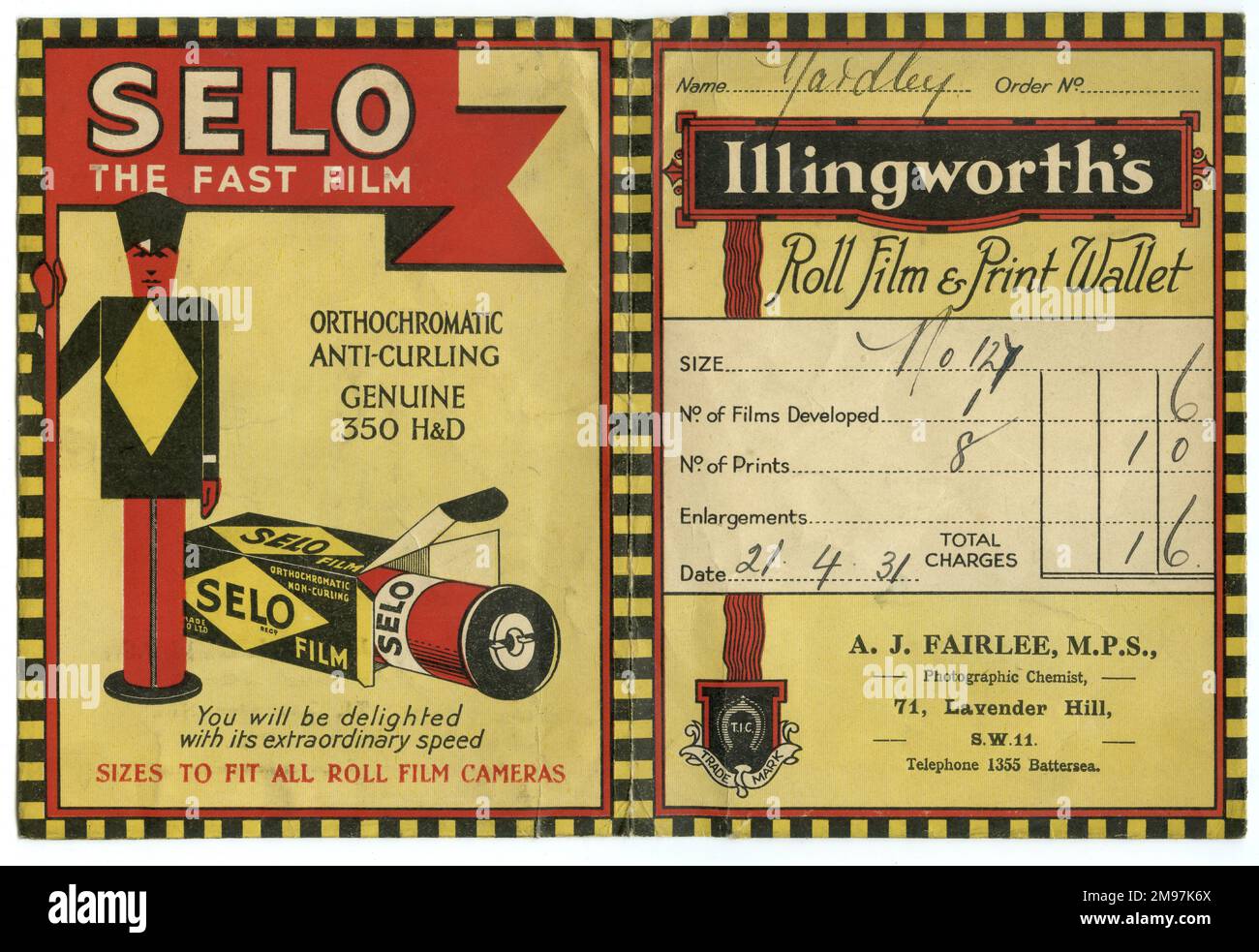 Photographic film wallet advertising Selo Film, with the developer's name and address: A J Fairlee, Lavender Hill, Battersea, London SW11.  The customer's name is Yardley, and the cost of developing is one shilling and sixpence, dated 21 April 1931. Stock Photo