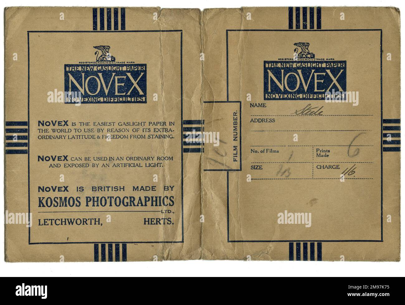 Photographic film wallet advertising Novex Gaslight Paper made by Kosmos Photographics, Letchworth, Hertfordshire. The customer's name is Steele and the cost of developing is one shilling and sixpence. Stock Photo
