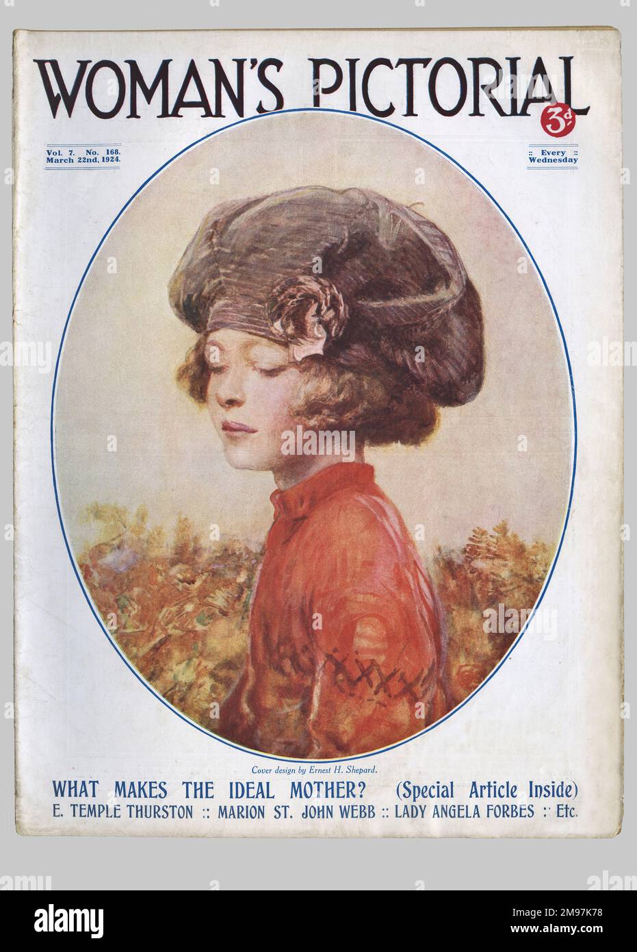 Cover design by Ernest H Shepard, Woman's Pictorial magazine, 22 March 1924. Depicting a girl in an orange tunic and a large brown hat. With a special article entitled What Makes the Ideal Mother?, and items by E Temple Thurston, Marion St John Webb and Lady Angela Forbes. Stock Photo