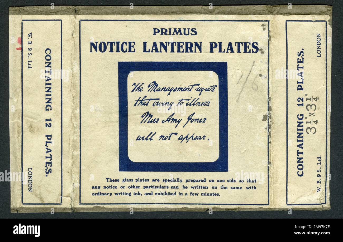 Cardboard box originally containing twelve Primus notice lantern plates, glass plates prepared on one side so that notices can be written on them in ink, and displayed to an audience. Stock Photo
