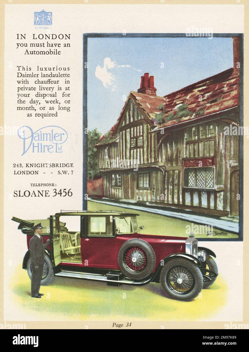 Advertisement for Daimler hire cars, complete with chauffeur. Showing a Daimler landaulette in front of a large country house. Stock Photo