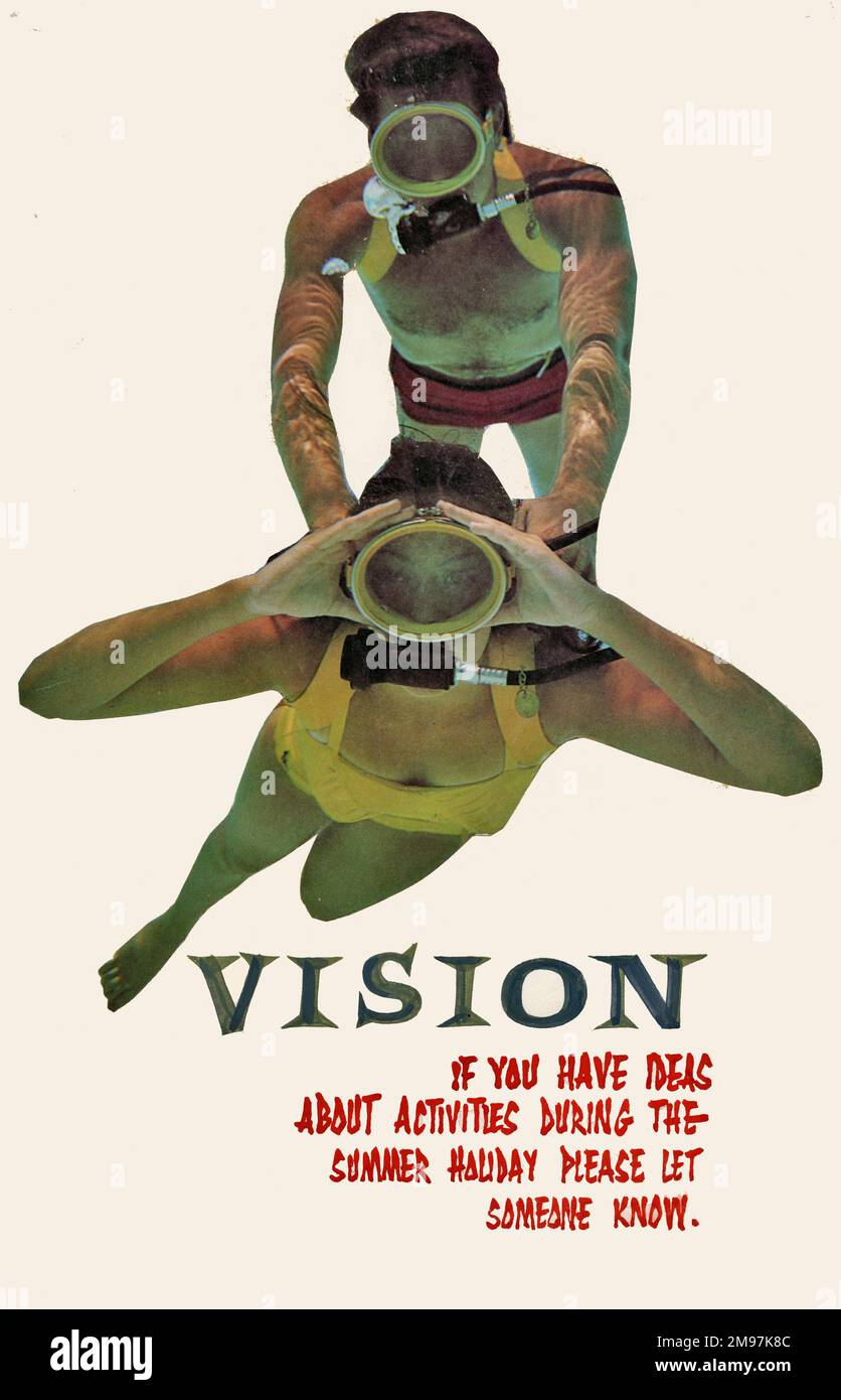 Poster for young people. Vision -- if you have ideas about activities during the summer holiday please let someone know. Showing a couple doing some underwater swimming. Stock Photo