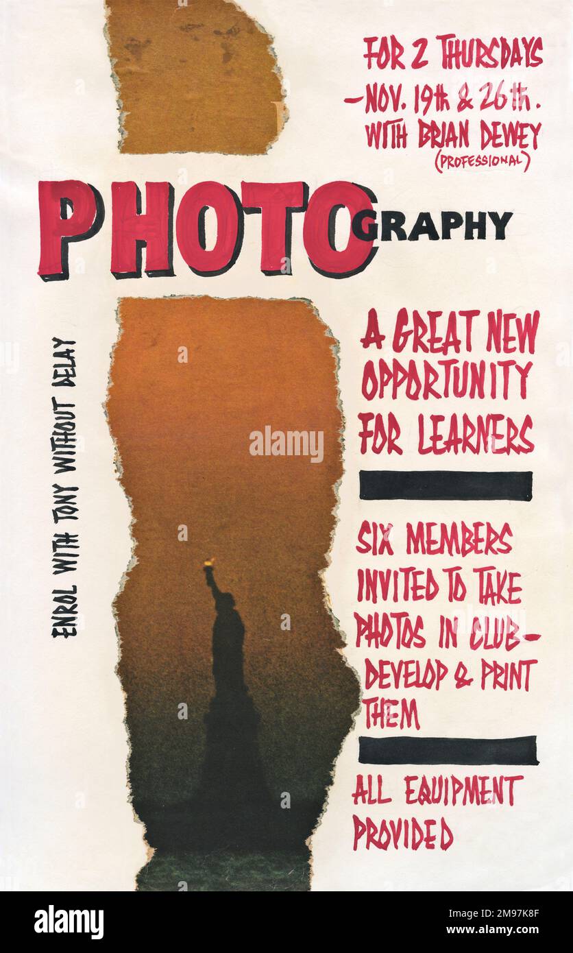 Poster advertising a youth club photography opportunity.  Six members invited to take photos, develop and print them, all equipment provided. Stock Photo