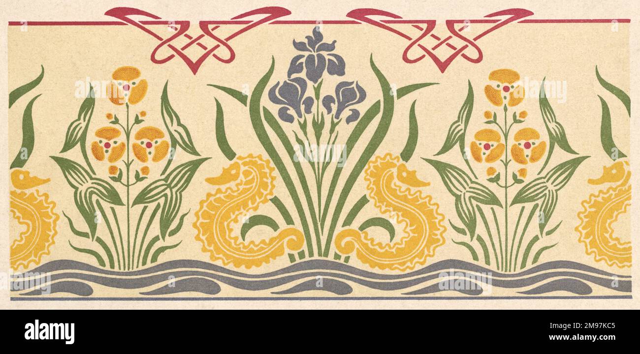 Art nouveau leaf and flower design with purple iris and yellow seahorses. Stock Photo