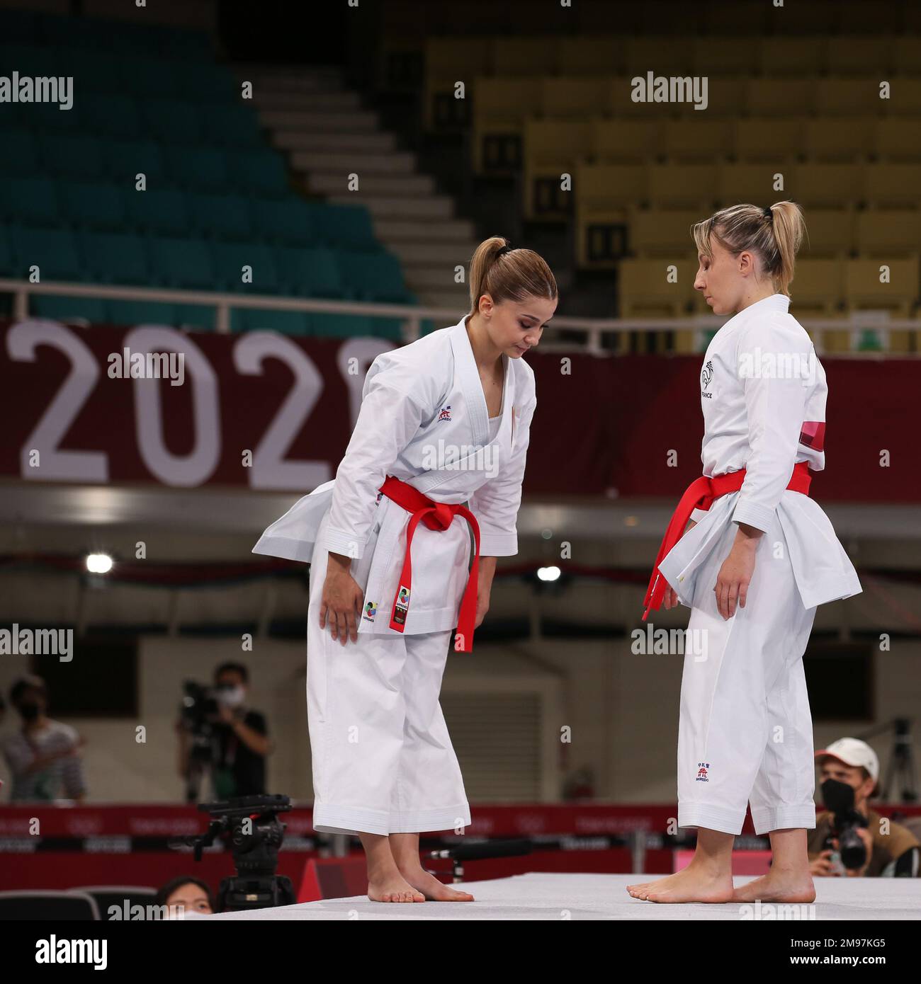 AUG 5, 2021 - TOKYO, JAPAN: Dilara BOZAN of Turkey and Alexandra FERACCI of France compete in the Women's Kata Elimination Round at the Tokyo 2020 Olympic Games (Photo by Mickael Chavet/RX) Stock Photo