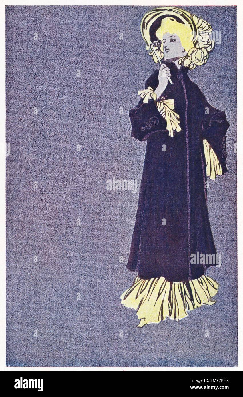 German poster design, elegant woman in a long purple coat and a large