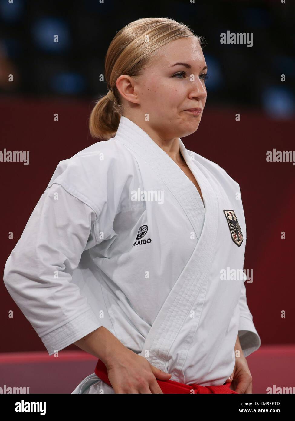 AUG 5, 2021 - TOKYO, JAPAN: Jasmine Jüttner of Germany about to make History by becoming the very first Karateka at the Olympics by competing in the Women's Kata Elimination Round at the Tokyo 2020 Olympic Games (Photo by Mickael Chavet/RX) Stock Photo