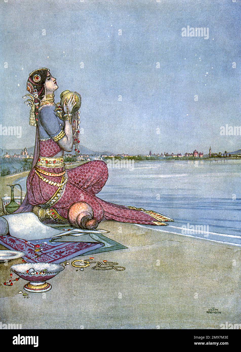 Illustration to A Song of the English, a patriotic set of poems by Rudyard Kipling (first published in the English Illustrated Magazine). Bombay -- Royal and Dower-Royal, I the Queen.  Depicting an Indian woman representing the city of Bombay, full of riches (a comment on British interests in India). Stock Photo