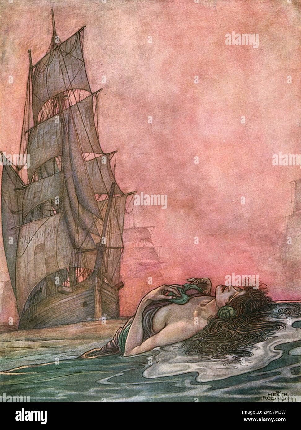 Illustration to A Song of the English, a patriotic set of poems by Rudyard Kipling (first published in the English Illustrated Magazine). She Calls Us, Still Unfed, depicting a sailing ship on the sea, with an allegorical female figure floating in the foreground, referring to the many English sailors lost at sea over hundreds of years. Stock Photo