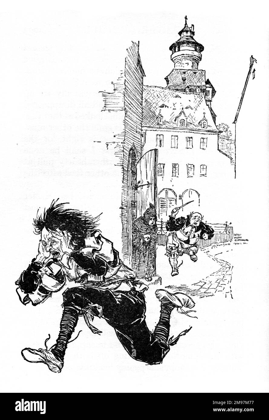 Illustration, Clever Grethel -- The Guest hurried off as fast as he could, and the Master ran after him, still holding the carving-knife. Stock Photo