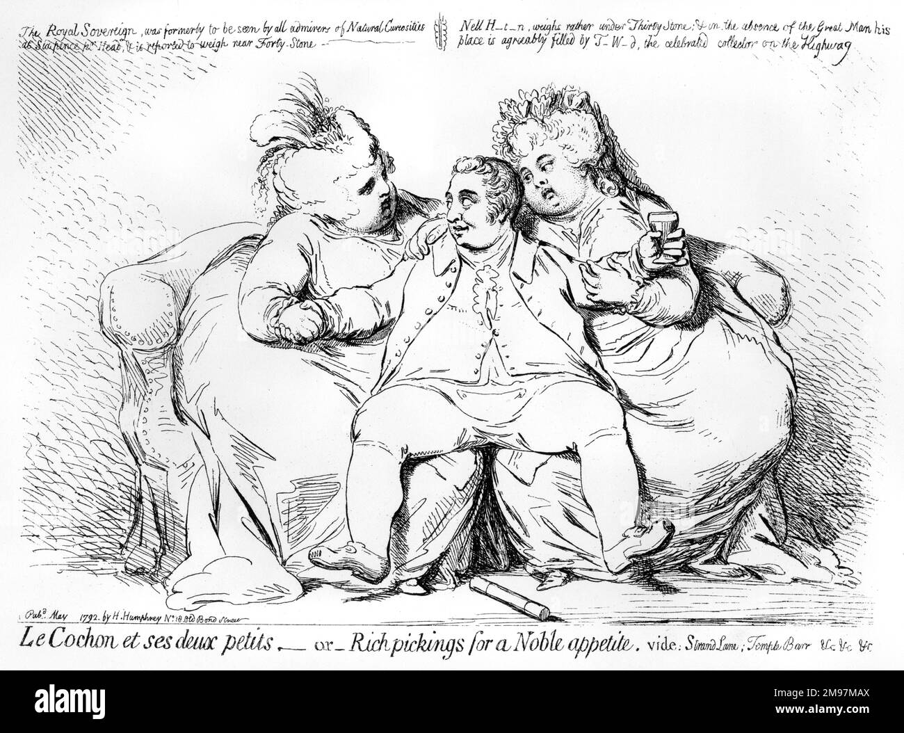 Cartoon, Le Cochon et ses deux petits, or Rich pickings for a Noble appetite, vide Strand Lane, Temple Barr &c &c &c, by James Gillray.  Showing Charles Howard, 11th Duke of Norfolk, and two large lady-friends. Stock Photo