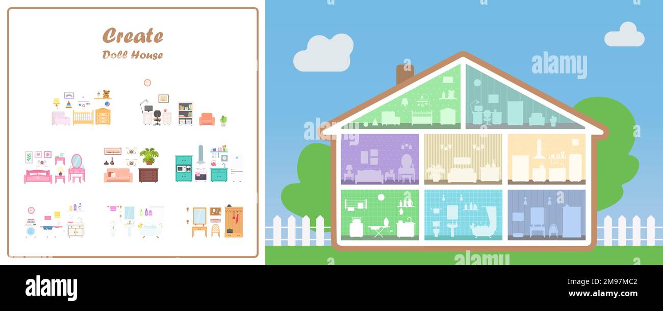 Doll House in cross section with eight place for furniture Stock Vector  Image \u0026 Art - Alamy, image size:1300x610