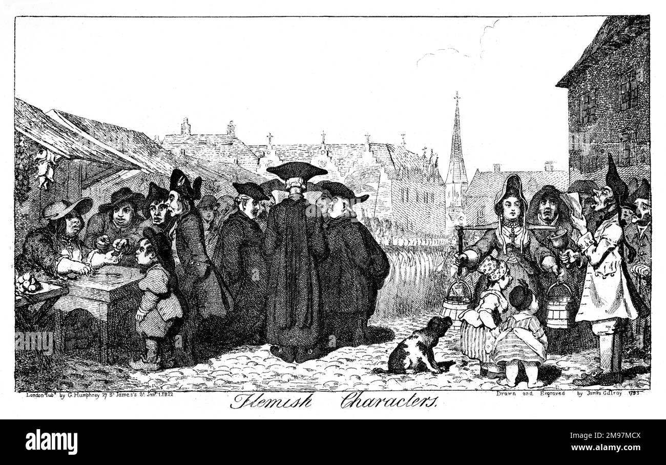 Cartoon, Flemish Characters, by James Gillray.  Showing a group of people in a typical Belgian street. Stock Photo