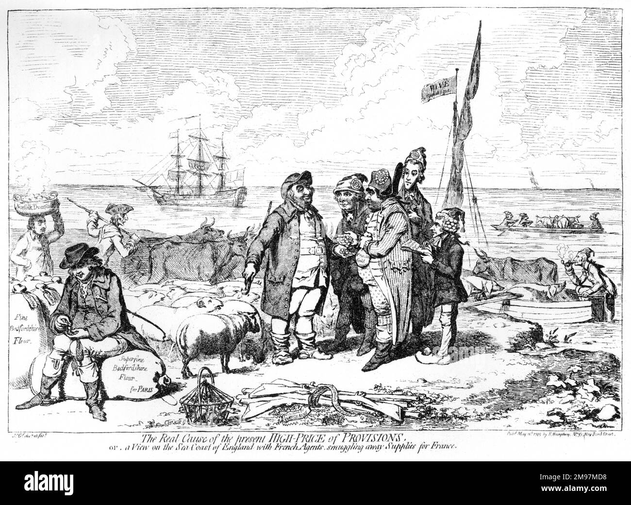 Cartoon, The Real Cause of the present High Price of Provisions, or, a View on the Sea Coast of England with French Agents smuggling away Supplies for France. Showing Charles James Fox, Richard Brinsley Sheridan and Whig landowners selling flour and livestock to the French, who are suffering a food shortage due to a naval blockade towards the end of the French Revolution. Stock Photo
