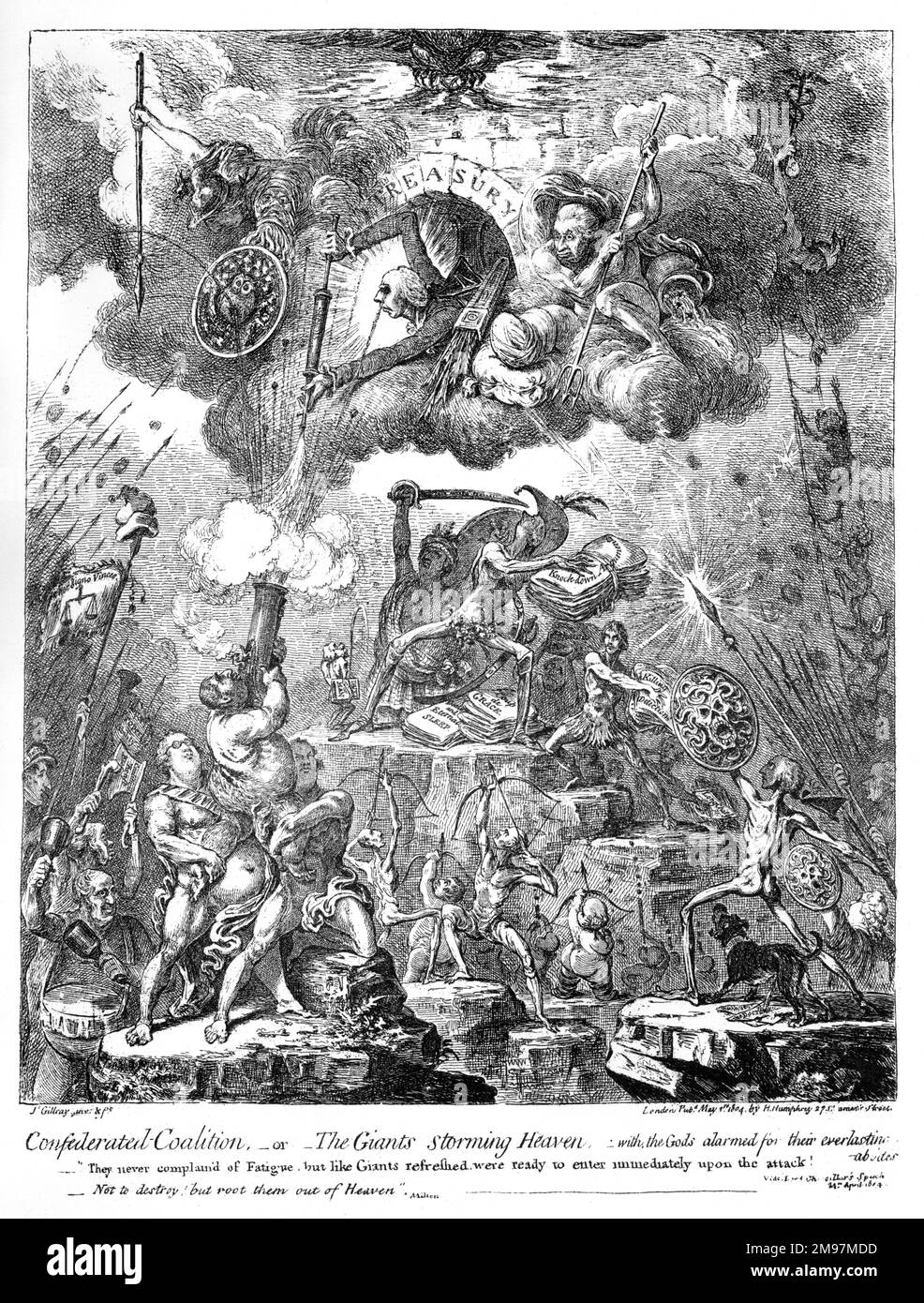 Cartoon, Confederated Coalition, or, The Giants storming Heaven, with the Gods alarmed for their everlasting abodes, by James Gillray.  Depicting government ministers Hawkesbury, Addington and St Vincent in Heaven, defending the Treasury against an army of Giants (opposition politicians, including Pitt and Fox) below them.  Inspired by a speech by the Lord Chancellor in April 1804, with parodic references to Milton (Paradise Lost) and Bartolomeo Coriolano's engraving of Guido Reni's Fall of the Giants. Stock Photo