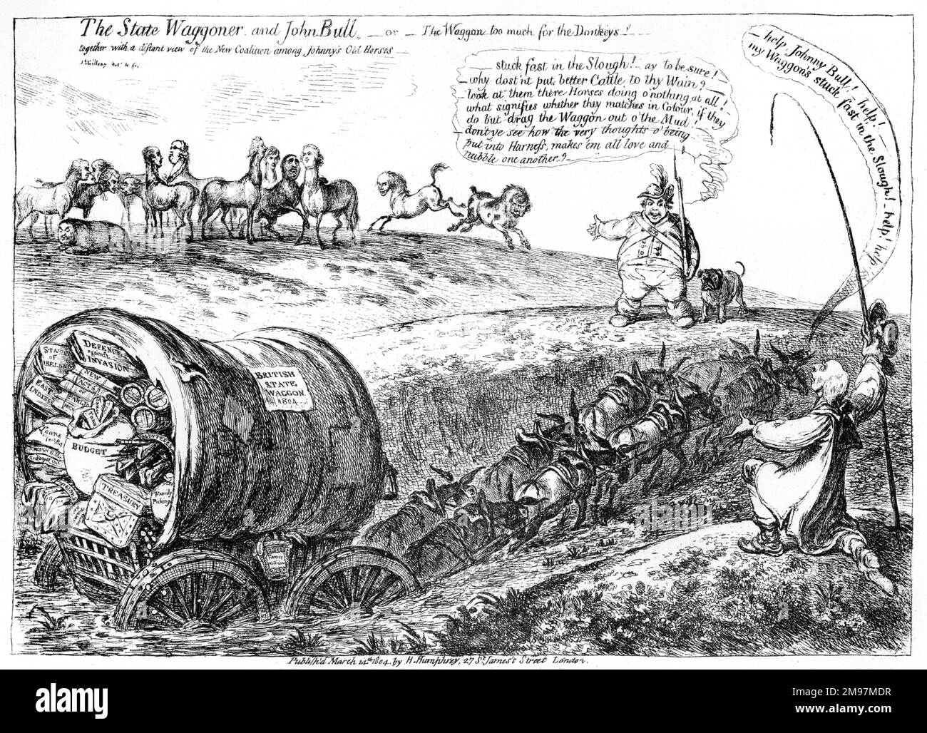 Cartoon, The State Waggoner and John Bull, or, the Waggon too much for the Donkeys!  together with a distant view of the New Coalition among Johnny's Old Horses, by James Gillray.  A satire on the ineffective Addington-led government, with the wagon of state bogged down in the mud, while out-of-office Tories and Whigs seem willing to form a coalition to take charge and put things right. Stock Photo
