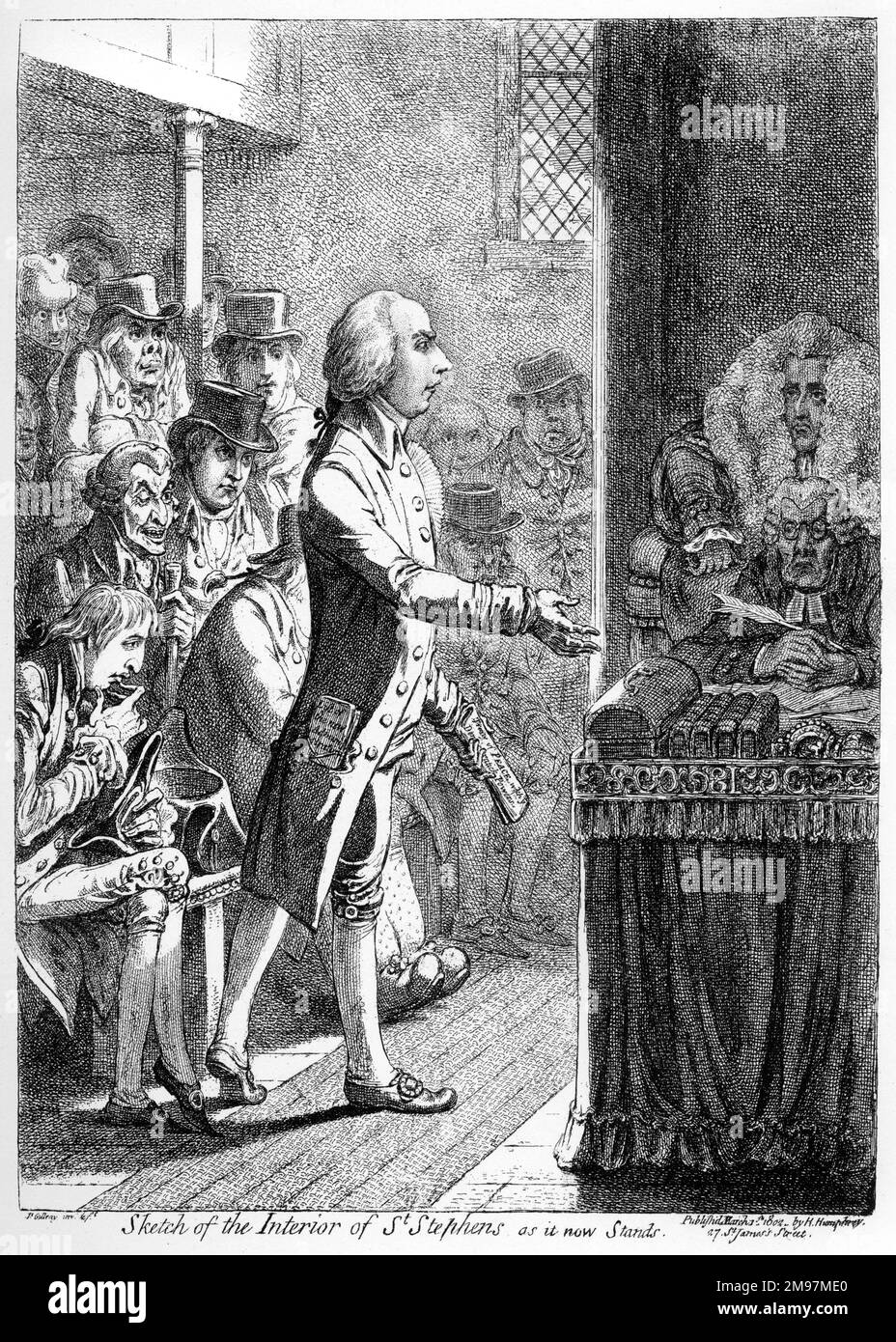 Cartoon, Sketch of the Interior of St Stephens, as it now Stands, by James Gillray.  Showing a view of the House of Commons with ministerial benches on the left and the Speaker and clerk on the right. The man on his feet is the new Prime Minister, Henry Addington, who was opposed to the abolition of slavery and Catholic emancipation. Stock Photo