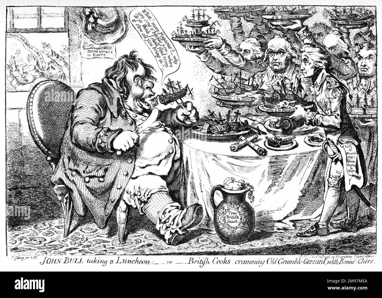Cartoon, John Bull taking a Luncheon, or, British Cooks cramming Old Grumble-Gizzard with Bonne Chere, by James Gillray.  Celebrate Britain's victory at Aboukir Bay in August 1798.  Those depicted include Admirals Howe, St Vincent, Warren, Hood, Duncan, Gardner and Nelson, while Charles James Fox can be seen through the open window. Stock Photo