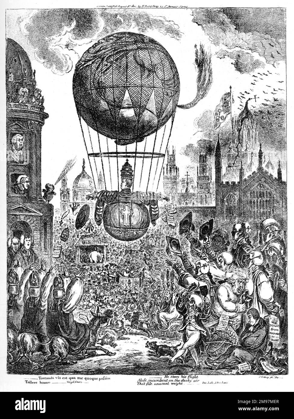 Cartoon, The Great Balloon, by James Gillray.  A satirical comment on the subject of Lord Grenville's installation as Chancellor of Oxford University. The balloon is depicted as a fat man with hot air (labelled Promises) escaping from behind. The installation (3 July 1810) followed a divisive election in which Lord Eldon opposed Lord Grenville on political and religious grounds. Opponents like Gillray saw Grenville’s installation as a triumph for Catholic Emancipation. Faces in the crowd include political figures: Buckingham, Stafford, M.A. Taylor, Erskine, Tierney, Holland, Grey, Sidmouth, Stock Photo