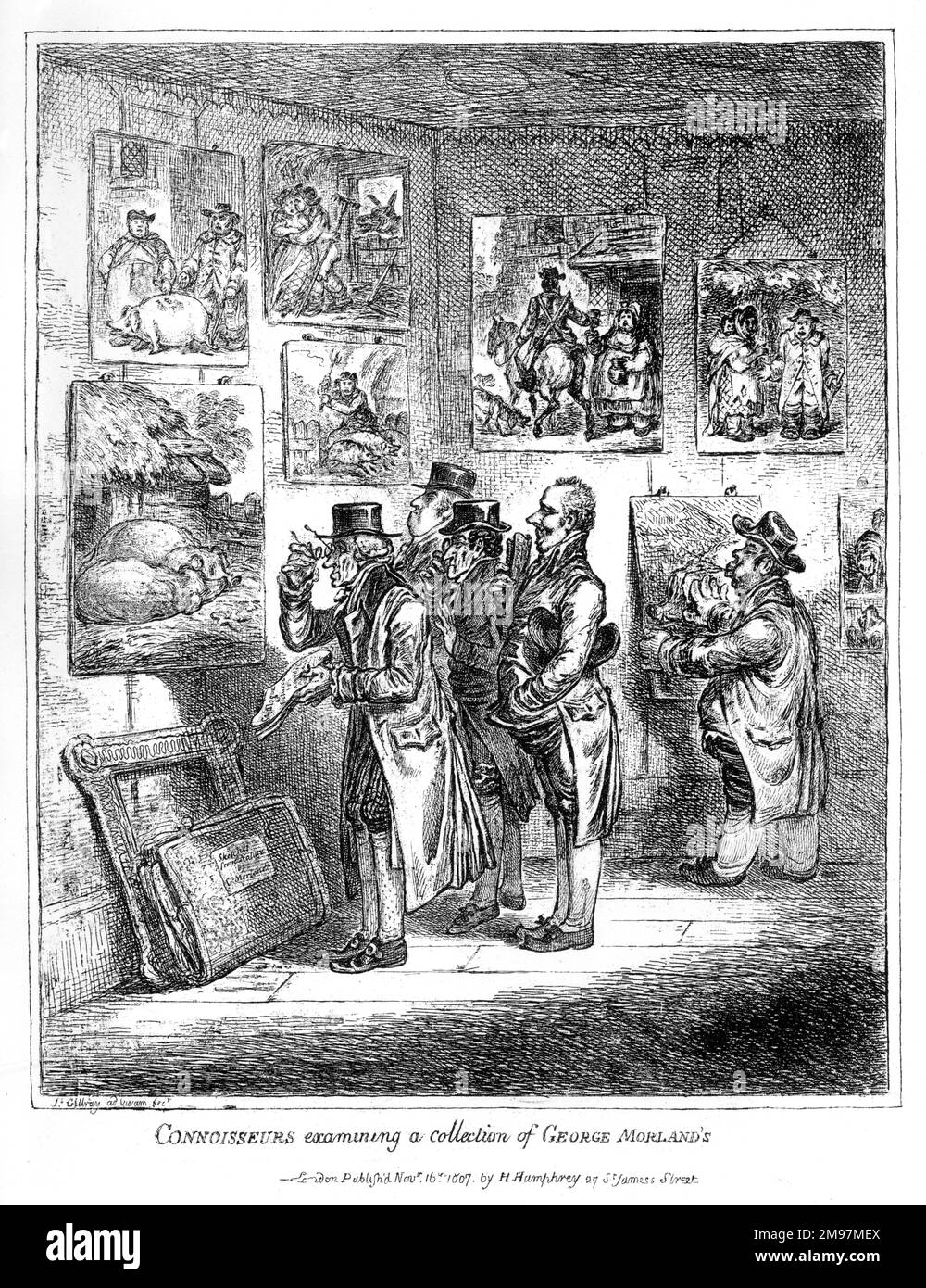 Cartoon, Connoisseurs examining a collection of George Morland's, by James Gillray.  A satire on the popularity of Morland's paintings, focusing on fat pigs, foolish donkeys and greedy dealers. Stock Photo