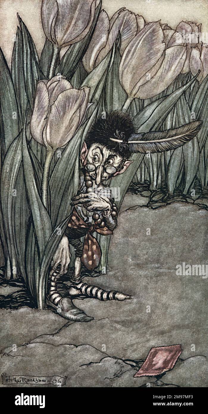 Illustration, Peter Pan in Kensington Gardens, by Arthur Rackham -- When he heard Peter's voice he popped in alarm behind a tulip. Stock Photo