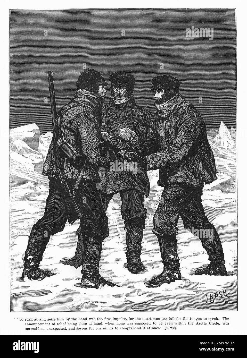 Rescue of Robert McClure during his unsuccessful Arctic expedition to discover the fate of the Franklin expedition of 1845.  McClure and his crew were locked in by pack ice aboard the HMS Investigator, when they were rescued by men from HMS Resolute.  Seen here is Lieutenant Pim from the Resolute, meeting McClure and his first lieutenant. Stock Photo