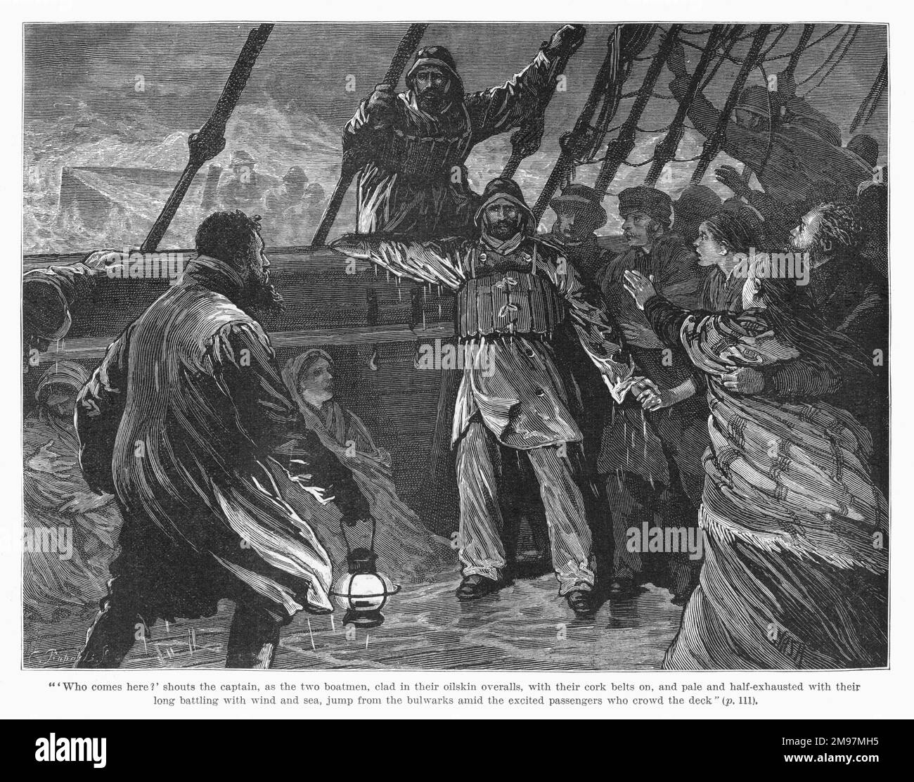 Ramsgate lifeboat men with passengers on board a ship caught on the Goodwin Sands. Stock Photo