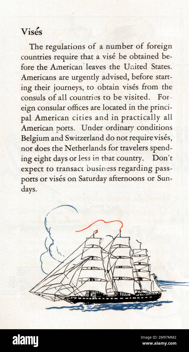 Text explaining how American Visas work  and an inset illustration of an elegant tall ship, a three-master, possibly a tea clipper? Stock Photo