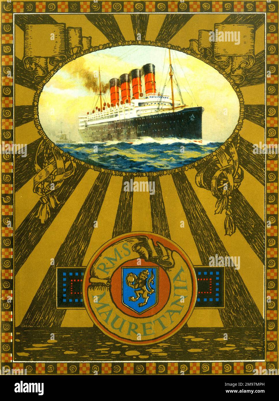 The attractive front cover design for a brochure for the Liner RMS Mauretania, designed by Leonard Peskett and built by Swan, Hunter & Wigham Richardson for the British Cunard Line. Stock Photo