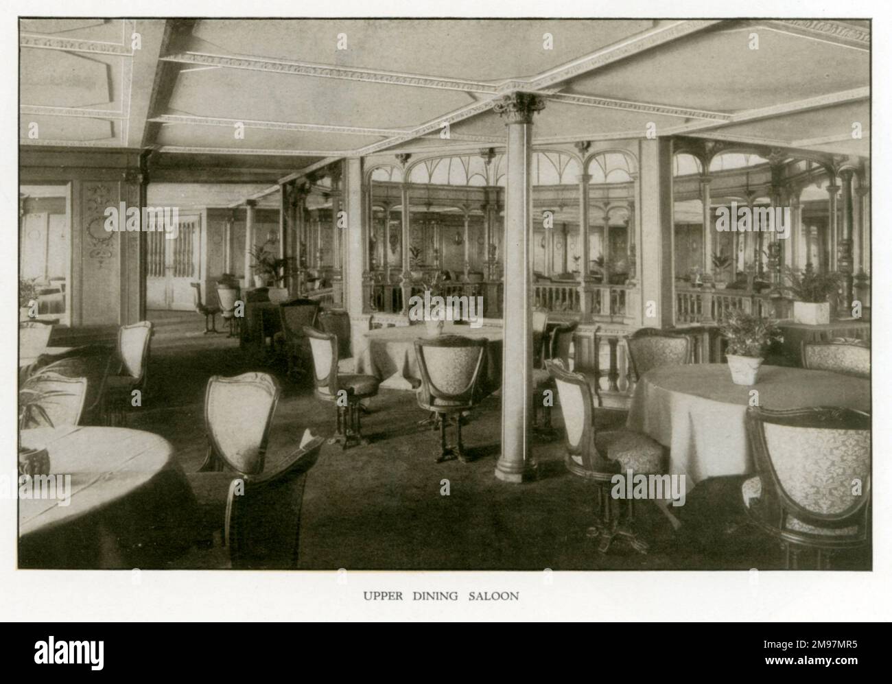 The Cunard Liner RMS Mauretania - Upper Dining Saloon. Stock Photo