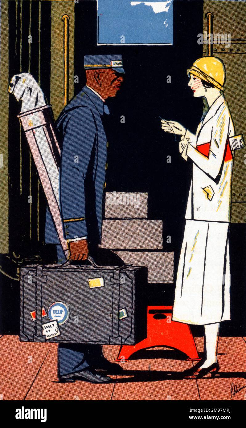 Black American railway porter carrying an elegant lady's luggage, which consists of a set of golf clubs, a small suitcase and what appears to be a hat box. She is about to board her train by means of a portable red step, to make the first step up less arduous! Stock Photo