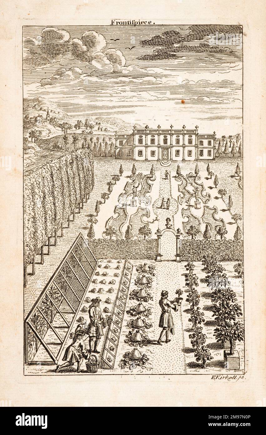 Manor or country house garden, with workers. Copper-plate illustration from Richard Bradley, New improvements of planting and gardening, both philosophical and practical. Frontispiece. Stock Photo