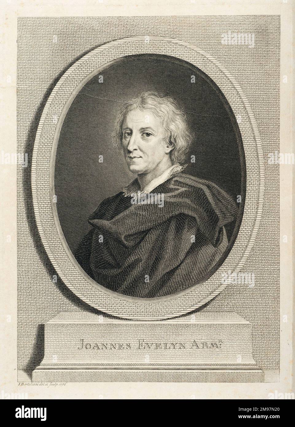 Portrait of John Evelyn. Engraving, by F. Bartolozzi. from John Evelyn, Silva; or, A discourse of forest-trees. Frontispiece. Stock Photo