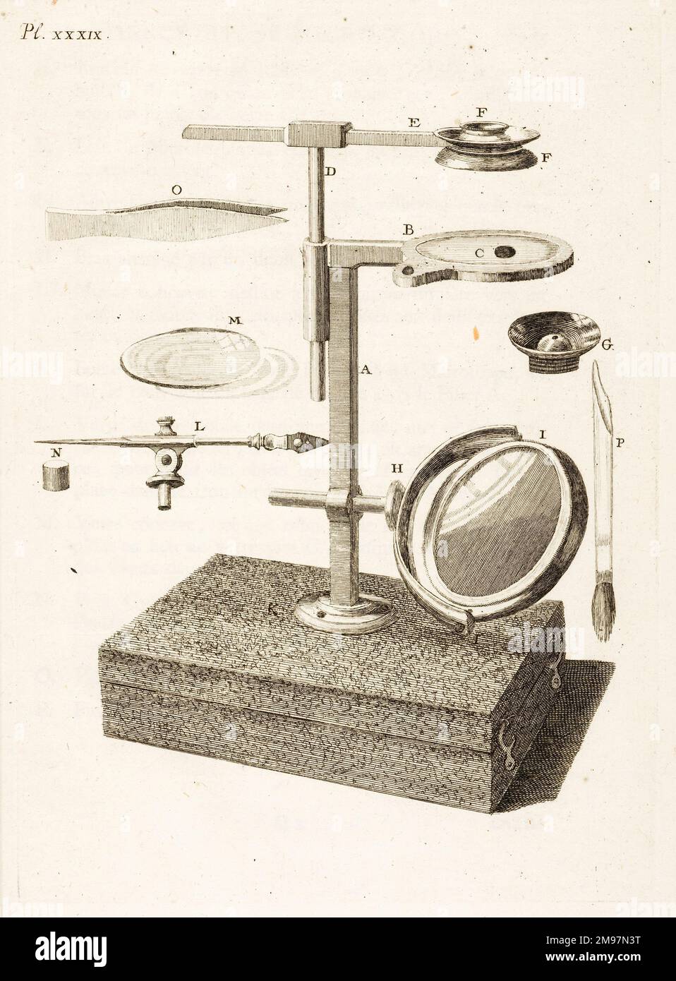 Aquatic microscope. Engraving from John Ellis, Essai sur l'histoire naturelle des corallines, et d'autres productions marines. Plate XXXIX. Stock Photo