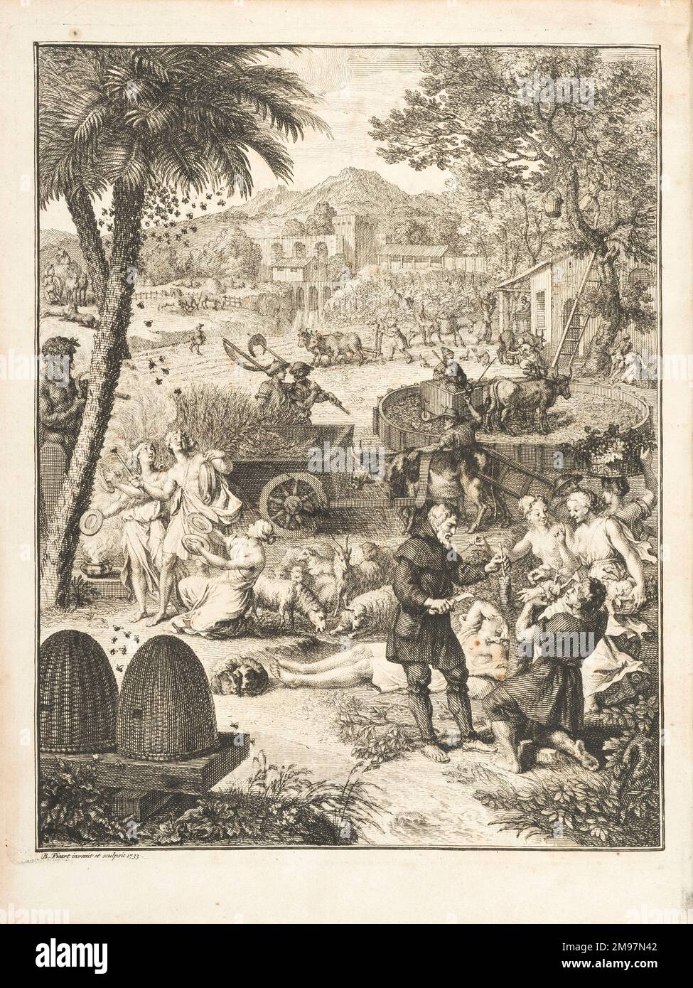 Scenes of country life, with mythological figure. Engraving by Bernard Picart, from Johann Matthias Gesner, Scriptores rei rusticae veteres Latini: Cato, Varro, Columella, Palladius …Frontispiece. Stock Photo
