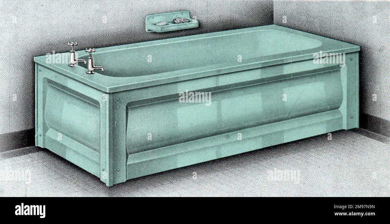 Coloured Enamel Iron Bath with Chromium plated fittings from a catalogue for Nicholls and Clarke Ltd., London. Manufacturers and Merchants of Building Materials. Stock Photo