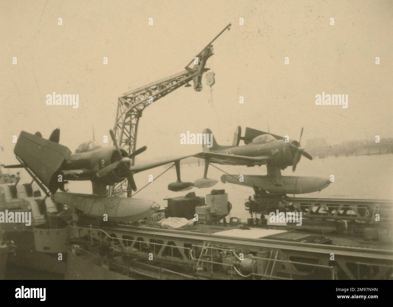 Curtiss Model 96 SC-1 Seahawks aboard a US battleship visiting Antwerp. Stock Photo