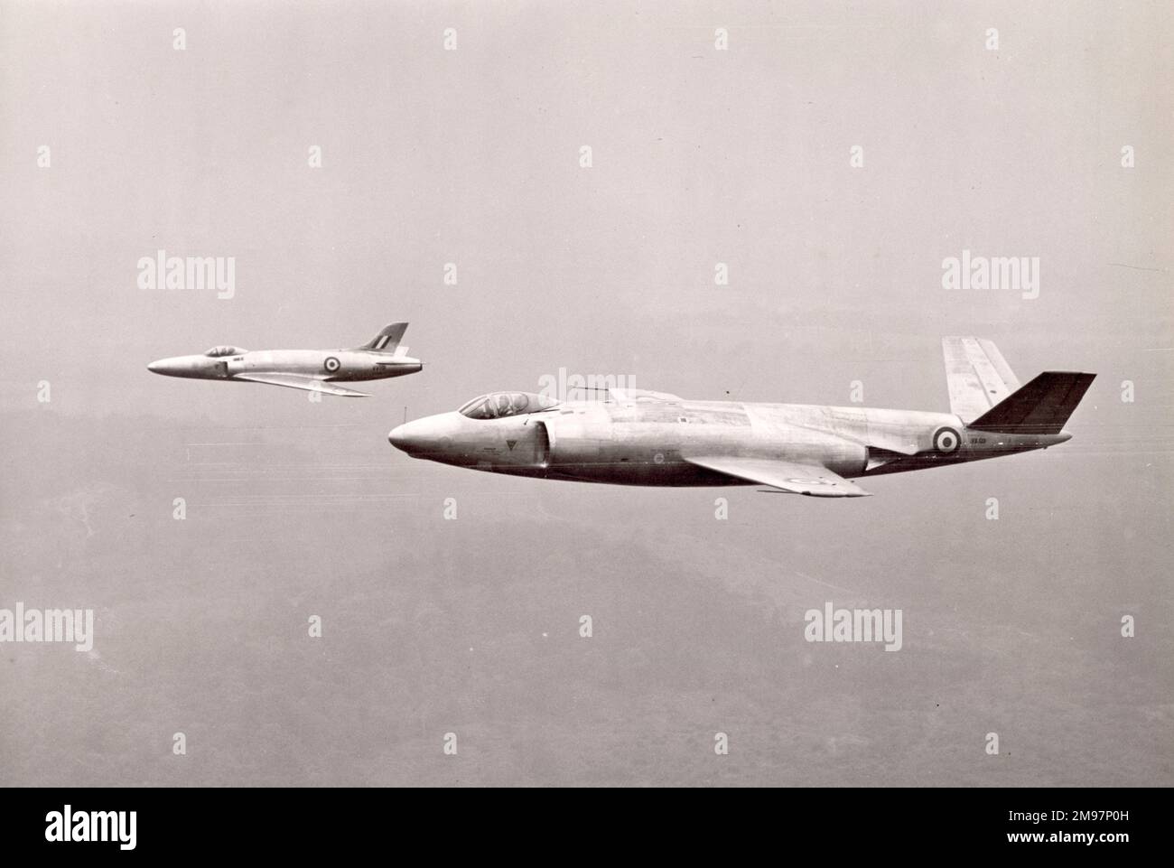 The Supermarine 508, VX133, is escorted by the second prototype Swift, VV119, in its later Type 535 guise. This Swift went on to star as Prometheus in the film Sound Barrier. Stock Photo