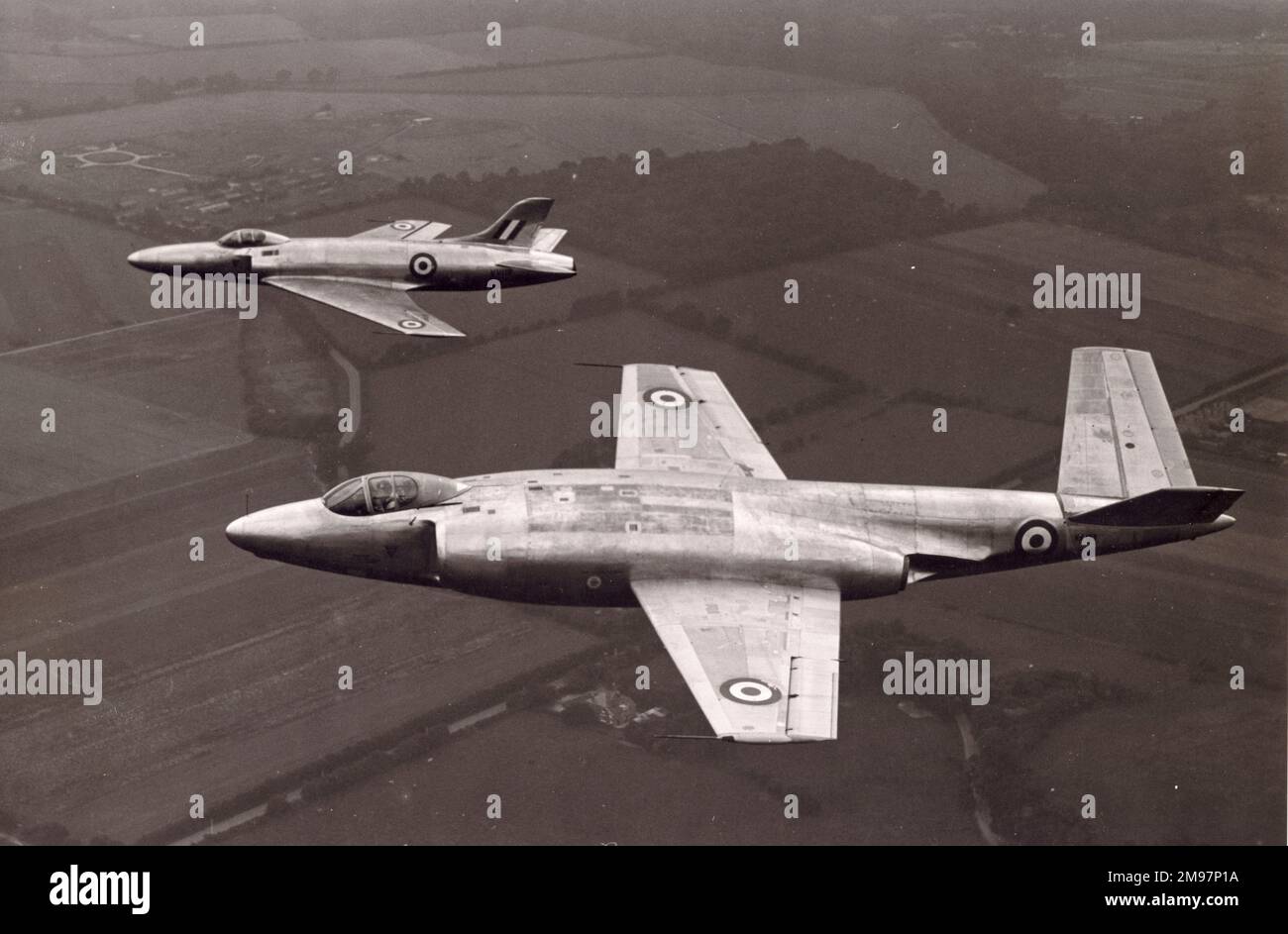 The Supermarine 508, VX133, is escorted by the second prototype Swift, VV119, in its later Type 535 guise. This Swift went on to star as Prometheus in the film Sound Barrier. Stock Photo