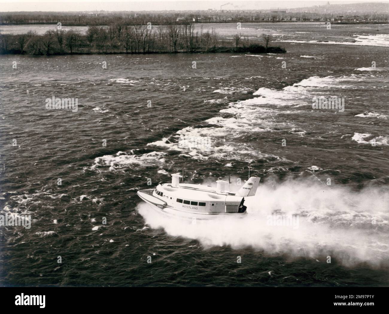 Westland SRN2, SR-N2-001, hovercraft shooting the Lachine Rapids on its way from the port area of Montreal to the Royal St lawrence Yacht Club where it was based during Canadian demonstrations. Stock Photo