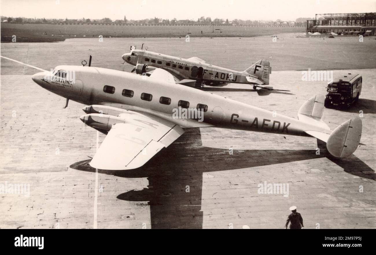 de Havilland DH91 Albatross, G-AEDK, Fortuna, of Imperial Airways, in alongside a Bloch 220, F-ADHJ, of Air France, at Croydon. Stock Photo