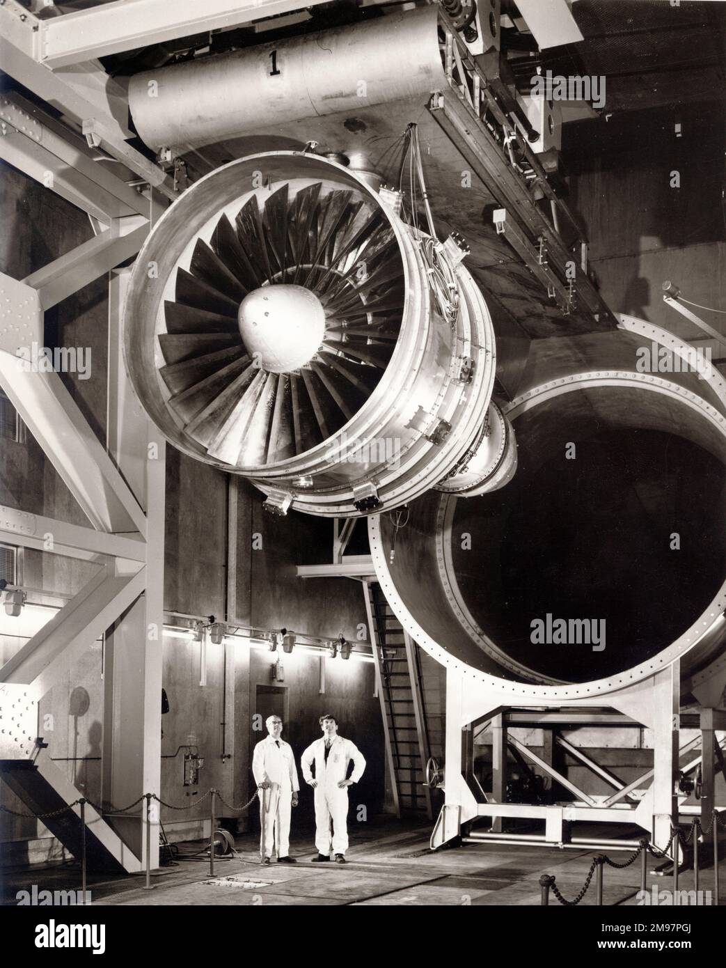 A Rolls-Royce RB211 in one of six newly-built test beds at Derby. April 1969. Stock Photo