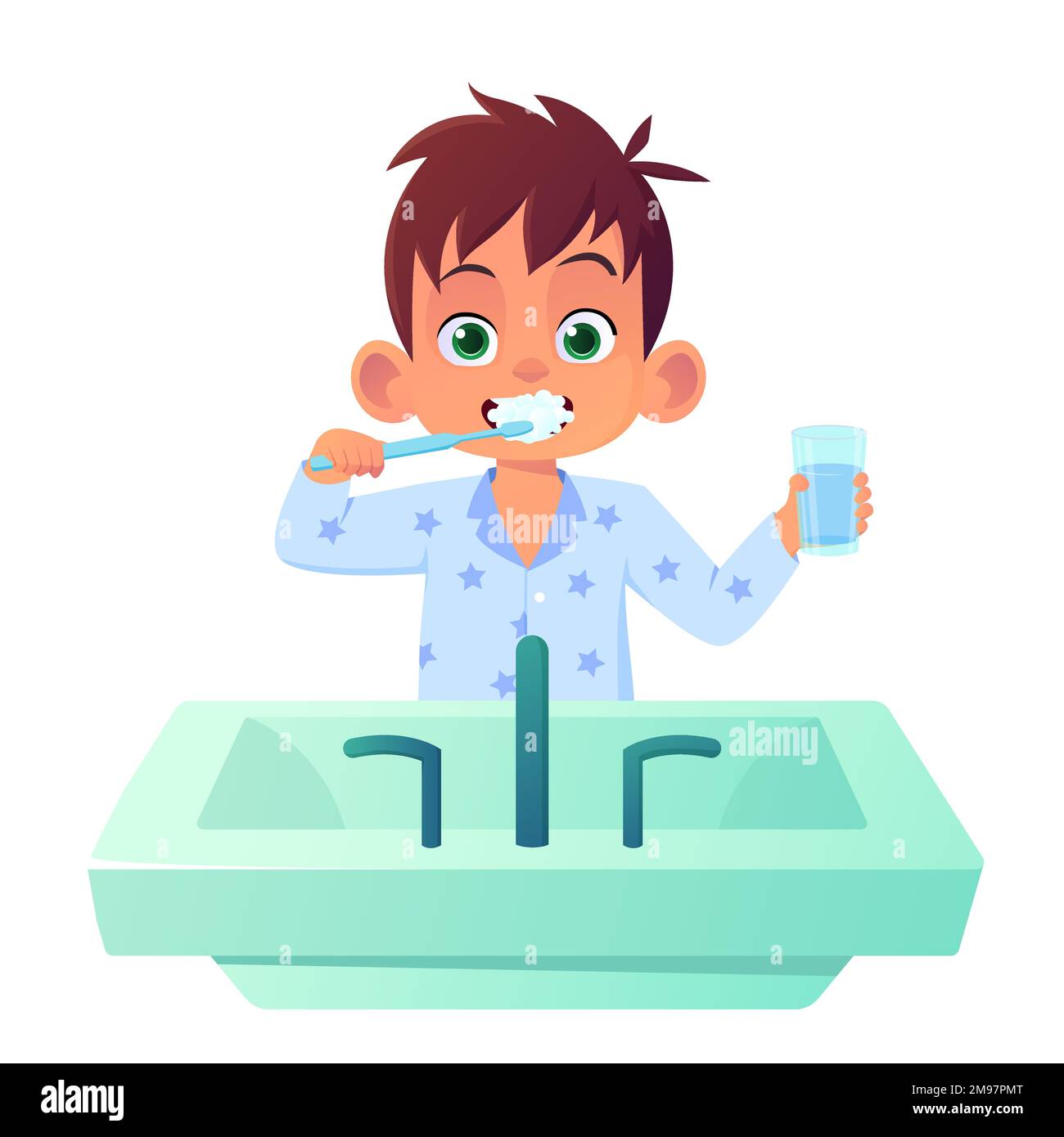 Boy Cartoon Character Brushing Tooth in Sink Vector Illustration Stock Vector