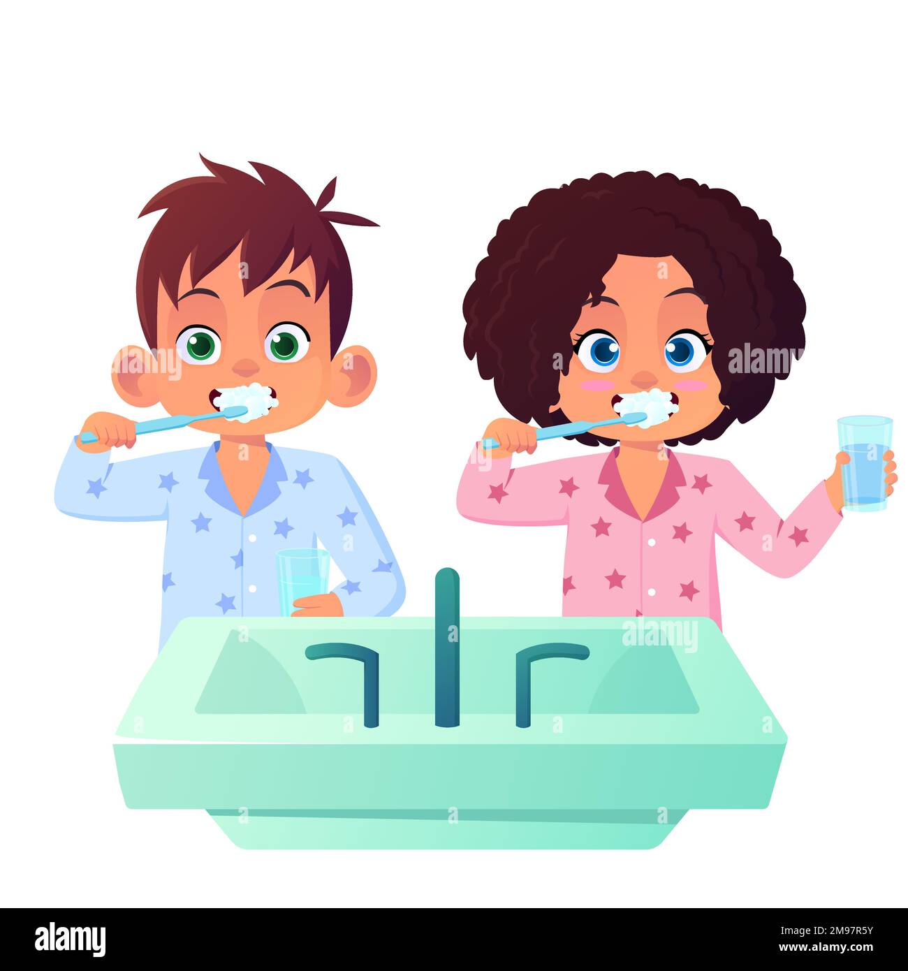 Kids In Pajamas Brushing Their Tooth Cartoon Illustration Stock Vector