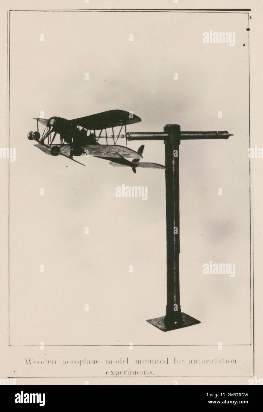 Wooden aeroplane model mounted for autorotation experiments at the Royal Aircraft Establishment, Farnborough. Stock Photo